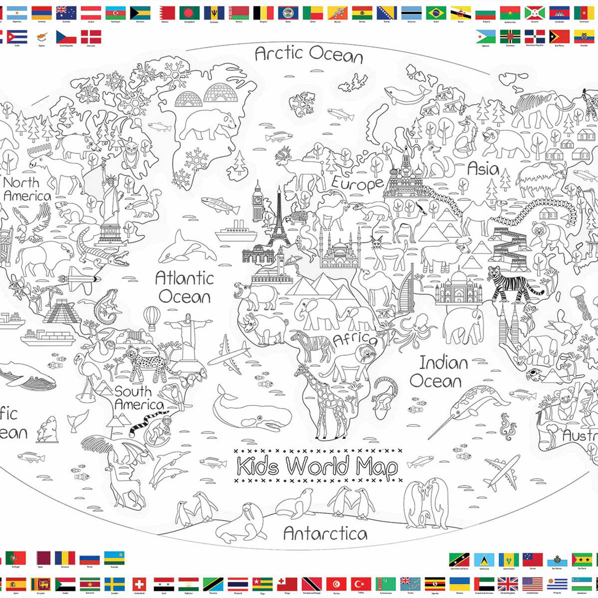 World Map Poster, Coloring Travel Map of the World, Adult Coloring